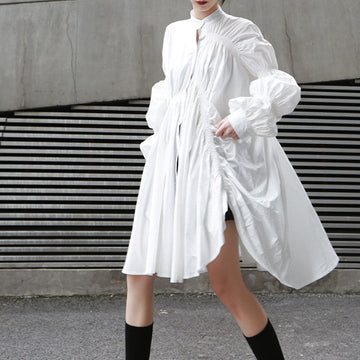 Fashion-Forward Asymmetrical Ruffle Lantern Sleeve Flared Shirt Dress