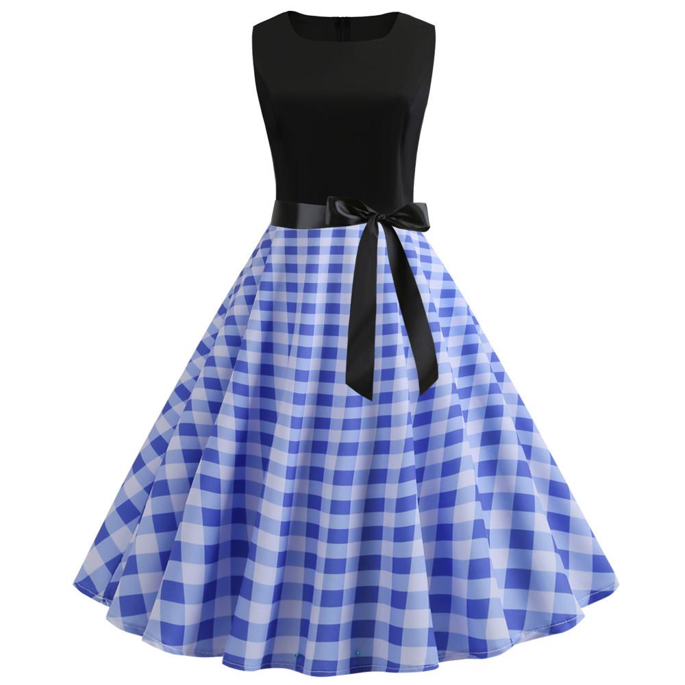 Plaid Print Sleeveless Belt Vintage Dresses-Vintage Dresses-3-S-Free Shipping at meselling99