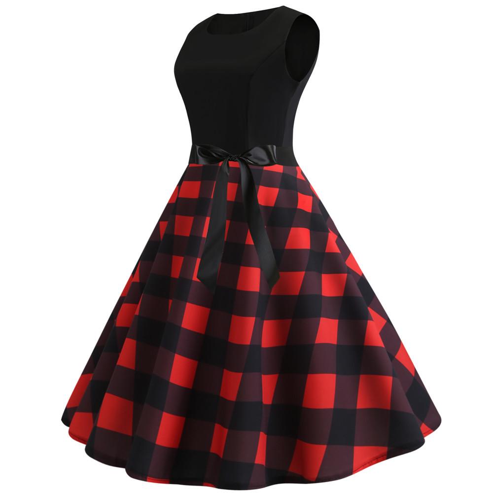 Plaid Print Sleeveless Belt Vintage Dresses-Vintage Dresses-Free Shipping at meselling99