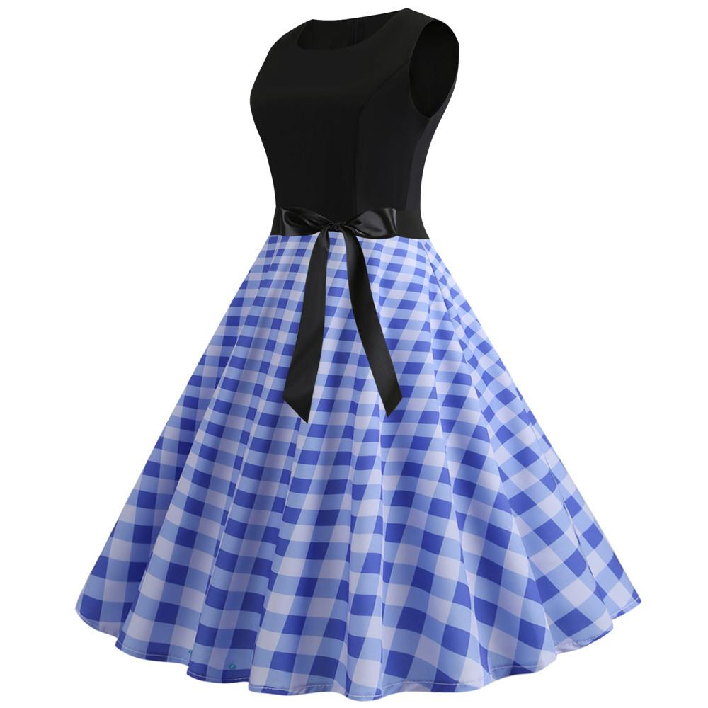 Plaid Print Sleeveless Belt Vintage Dresses-Vintage Dresses-Free Shipping at meselling99