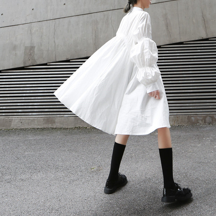 Fashion-Forward Asymmetrical Ruffle Lantern Sleeve Flared Shirt Dress