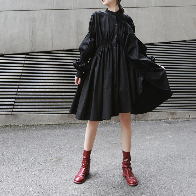 Fashion-Forward Asymmetrical Ruffle Lantern Sleeve Flared Shirt Dress