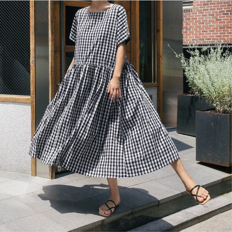 Casual Short Sleeves Ruffled Plaid Plus Sizes Midi Dresses-Dresses-Black-S-Free Shipping at meselling99