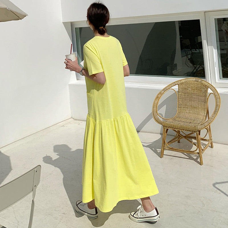 Casual Ruffled Yellow Long Maxi Dresses with Pockets-Dresses-Free Shipping at meselling99