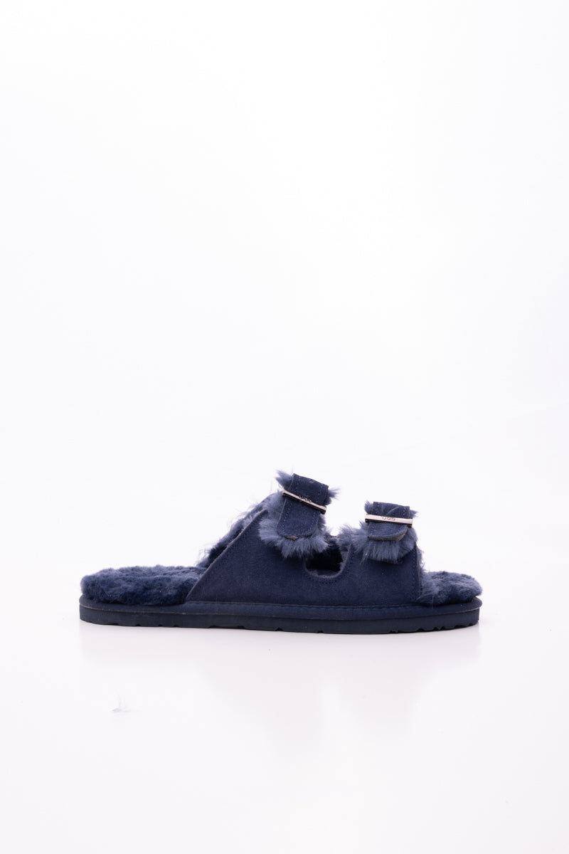 Woolen Lined Double Strap Suede Sandal - Navy