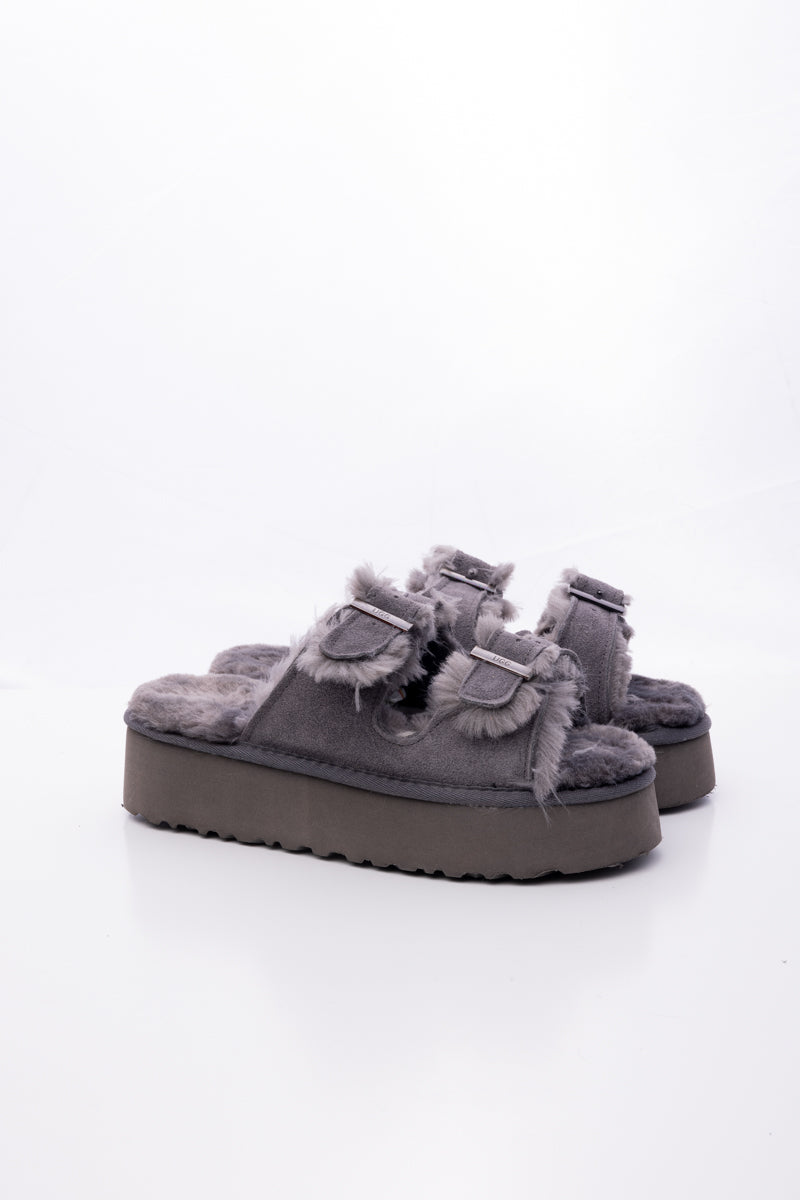 Woolen Suede Double Strap Platform Sandal - Grey