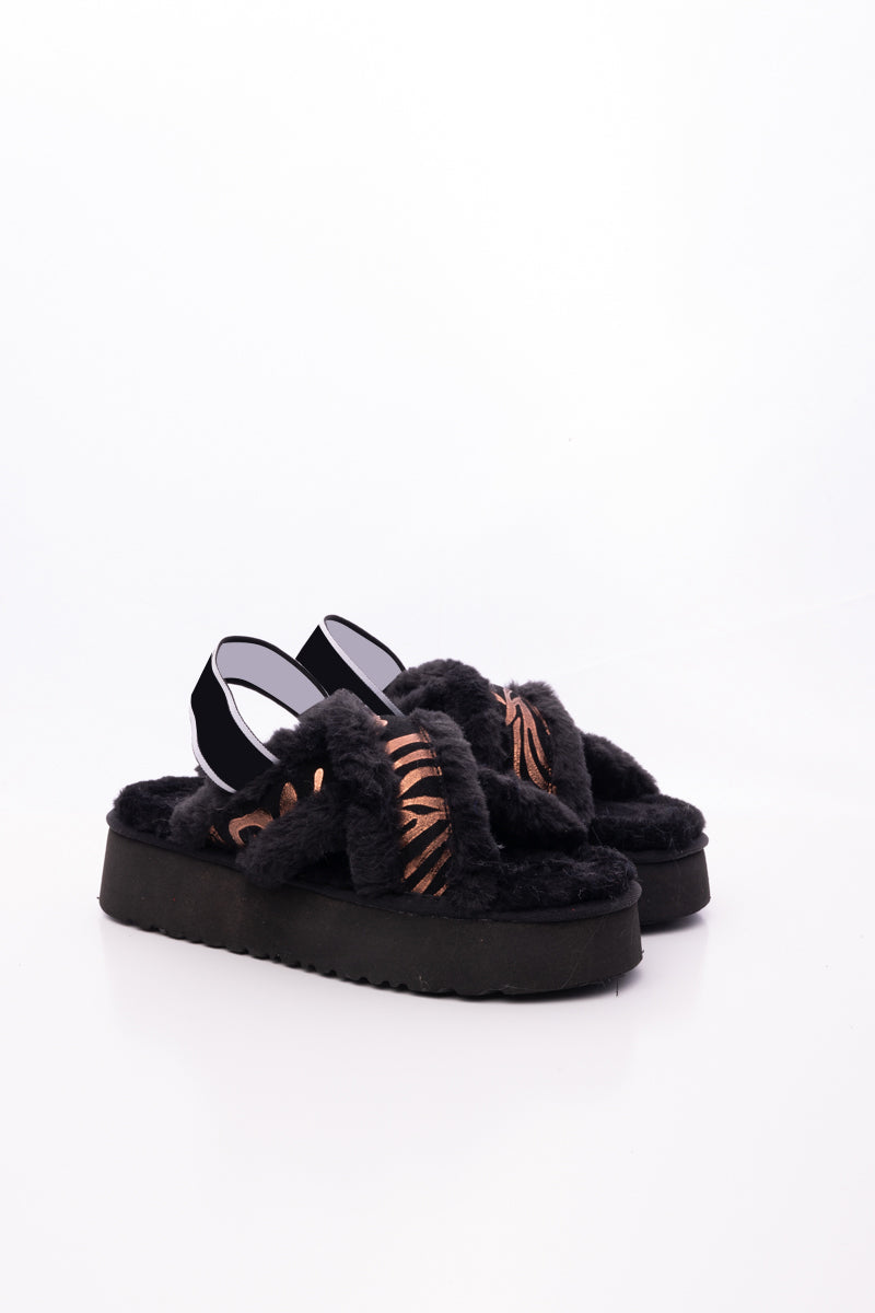 Roar Wool Lined Criss-Cross Strap Slipper - Black