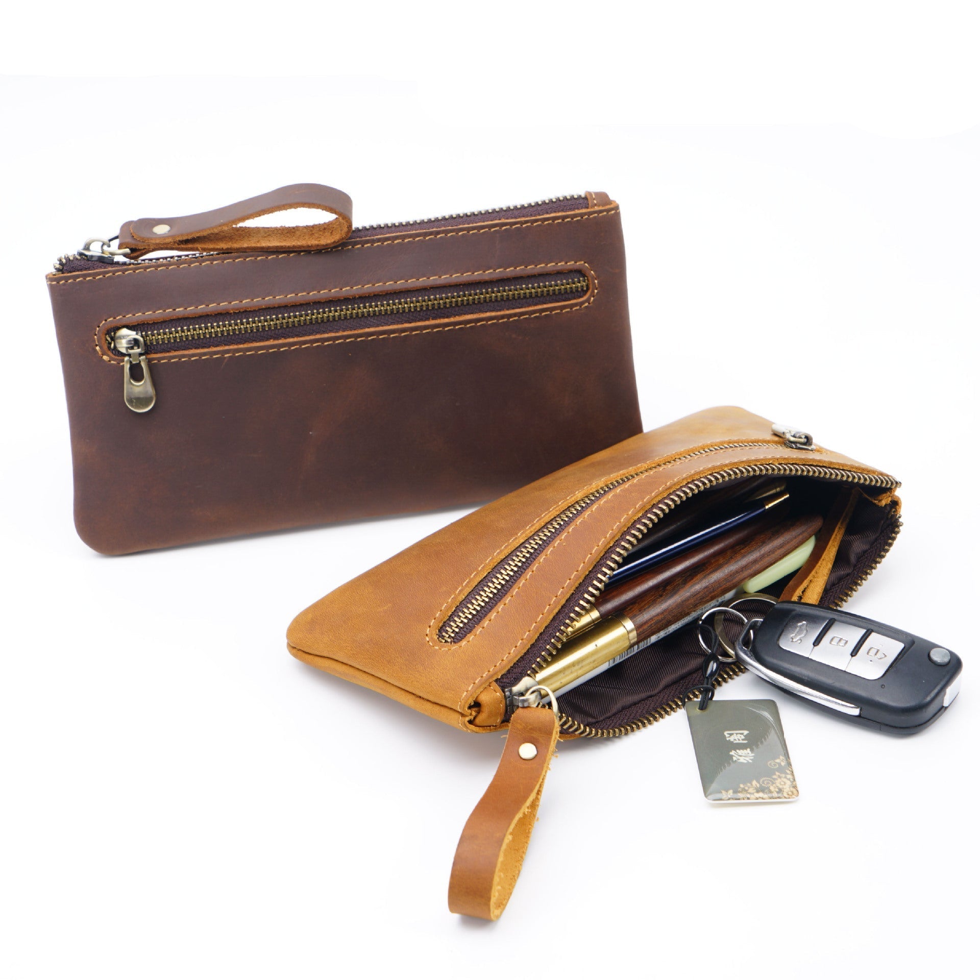 Retro Crazy Horse Leather Pencil Case - Creative Portable Hand Grip Buggy Bag
