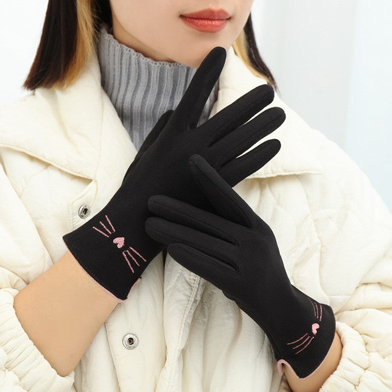 Lady's Velvet Embroidered Warm Windproof Touch Screen Gloves