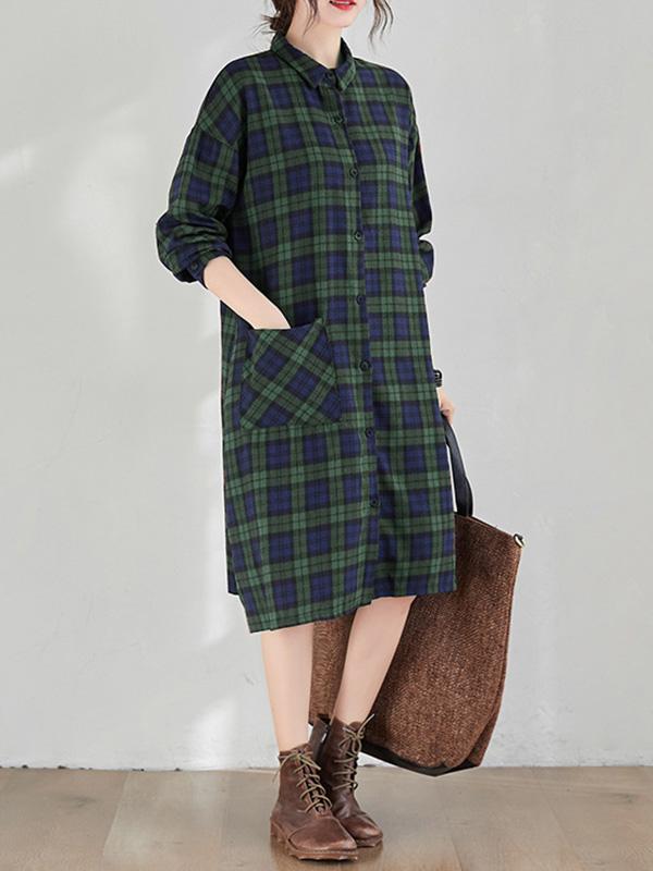 Original Plaid Lapel Shirt Dress-Midi Dress-GREEN PLAID-M-Free Shipping at meselling99