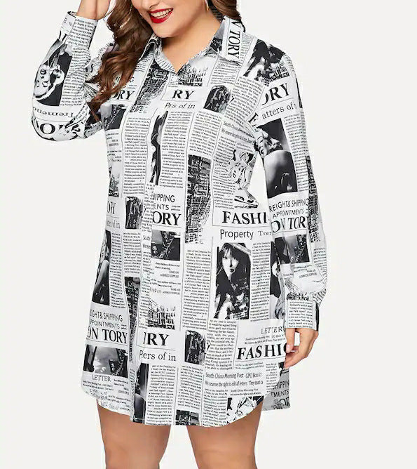 Women Newspaper Print Plus Sizes Short Shirt Dresses-Dresses-Free Shipping at meselling99