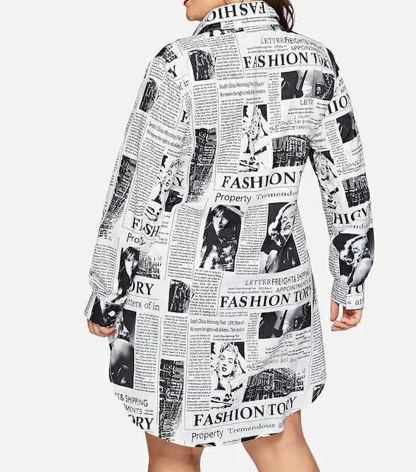 Women Newspaper Print Plus Sizes Short Shirt Dresses-Dresses-Free Shipping at meselling99