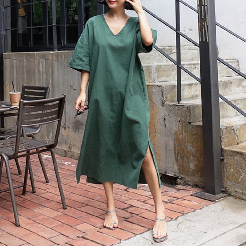 Simple Design Linen Women Cozy Dresses-Dresses-Green-S-Free Shipping at meselling99