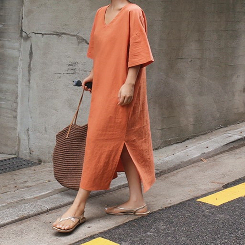 Simple Design Linen Women Cozy Dresses-Dresses-Orange-S-Free Shipping at meselling99