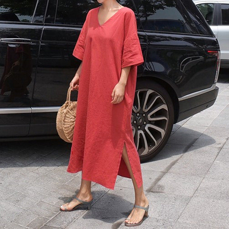 Simple Design Linen Women Cozy Dresses-Dresses-Red-S-Free Shipping at meselling99