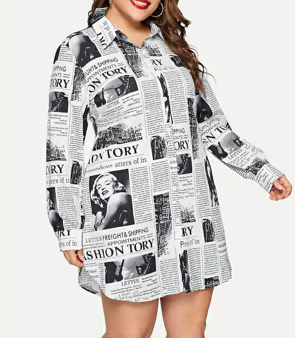 Women Newspaper Print Plus Sizes Short Shirt Dresses-Dresses-Free Shipping at meselling99