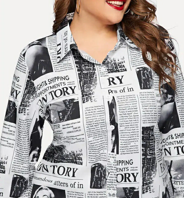 Women Newspaper Print Plus Sizes Short Shirt Dresses-Dresses-Free Shipping at meselling99