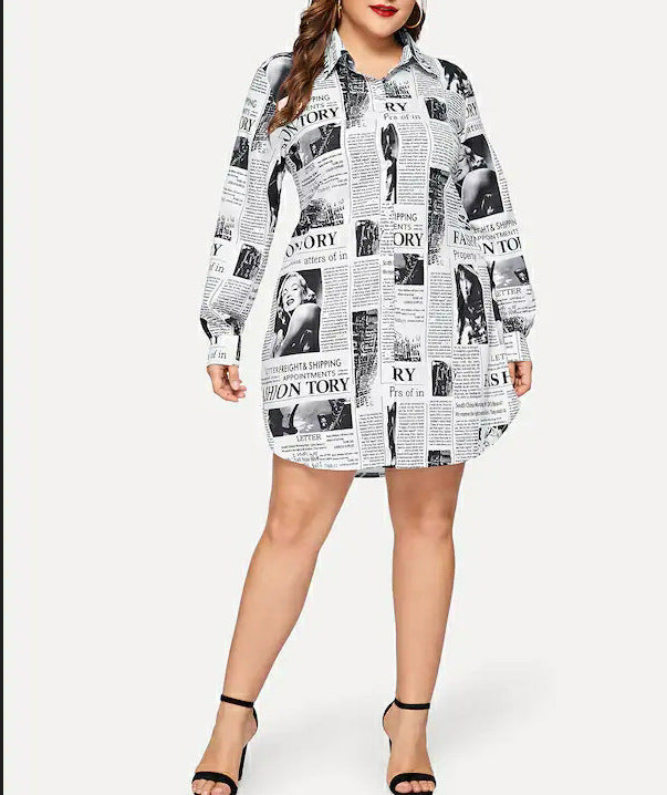 Women Newspaper Print Plus Sizes Short Shirt Dresses-Dresses-Free Shipping at meselling99