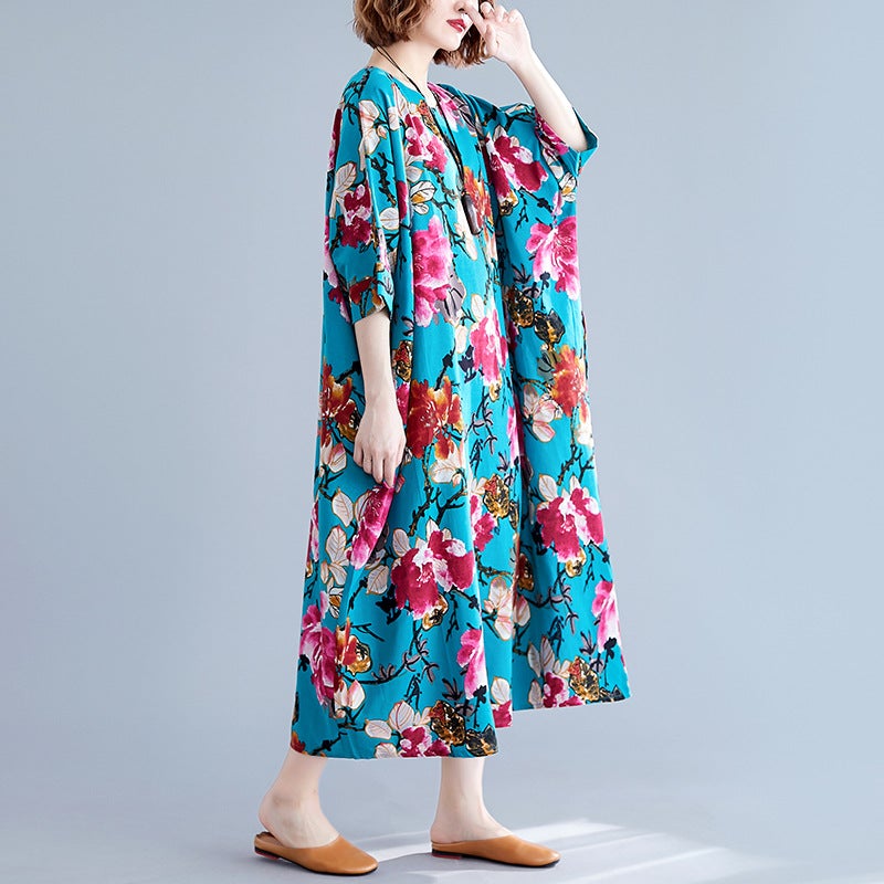 Ethnic Floral Print Plus Sizes Linen Dresses-Dresses-The same as picture-One Size 45-75kg-Free Shipping at meselling99