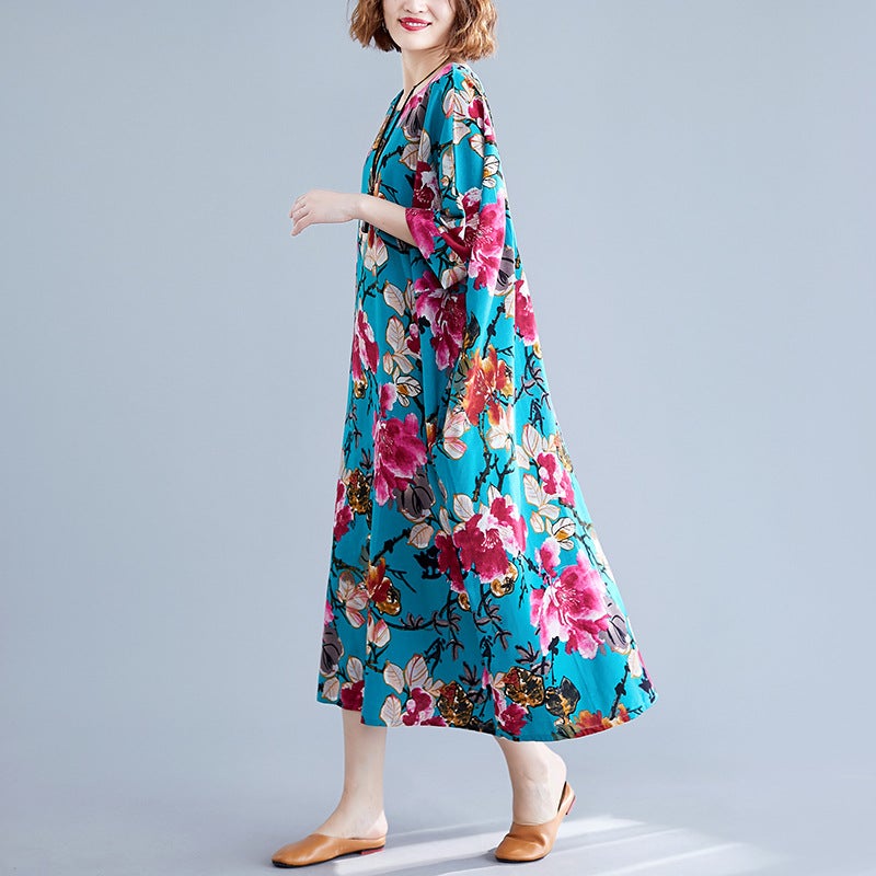 Ethnic Floral Print Plus Sizes Linen Dresses-Dresses-The same as picture-One Size 45-75kg-Free Shipping at meselling99