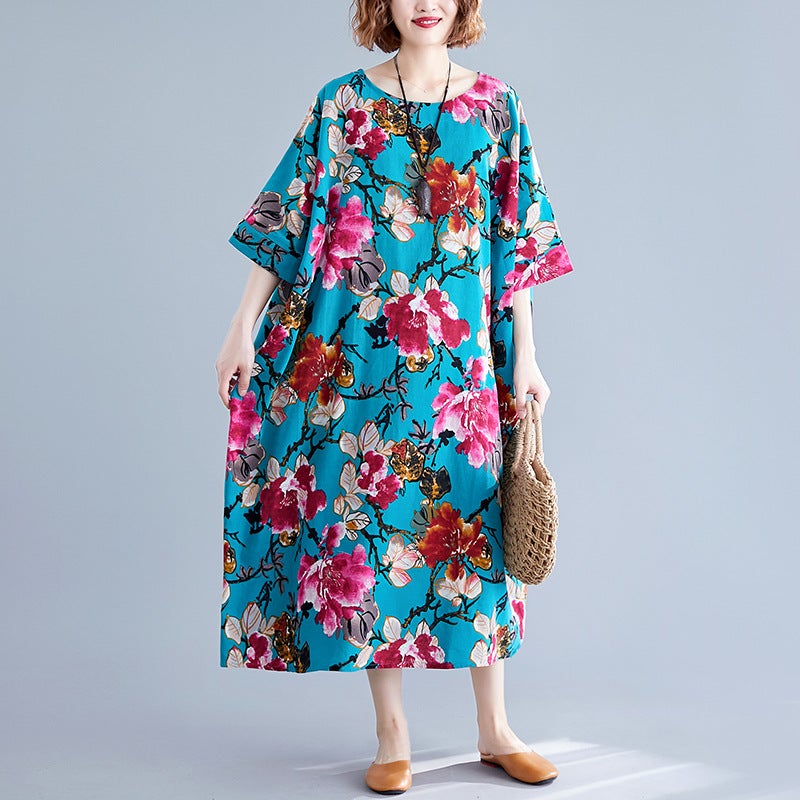 Ethnic Floral Print Plus Sizes Linen Dresses-Dresses-The same as picture-One Size 45-75kg-Free Shipping at meselling99