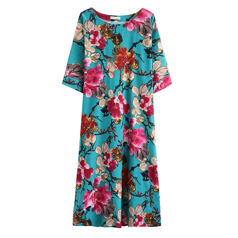 Ethnic Floral Print Plus Sizes Linen Dresses-Dresses-The same as picture-One Size 45-75kg-Free Shipping at meselling99