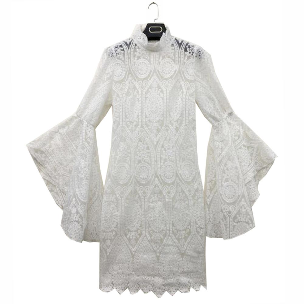 White Lace Trumpet Sleeves Women Party Dresses-Dresses-Free Shipping at meselling99