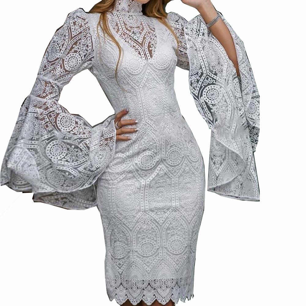 White Lace Trumpet Sleeves Women Party Dresses-Dresses-Free Shipping at meselling99