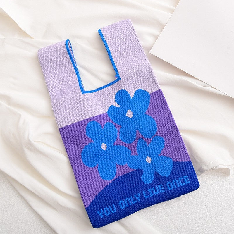 Contrast Color Cute Knitted Handbag Reusable Bag