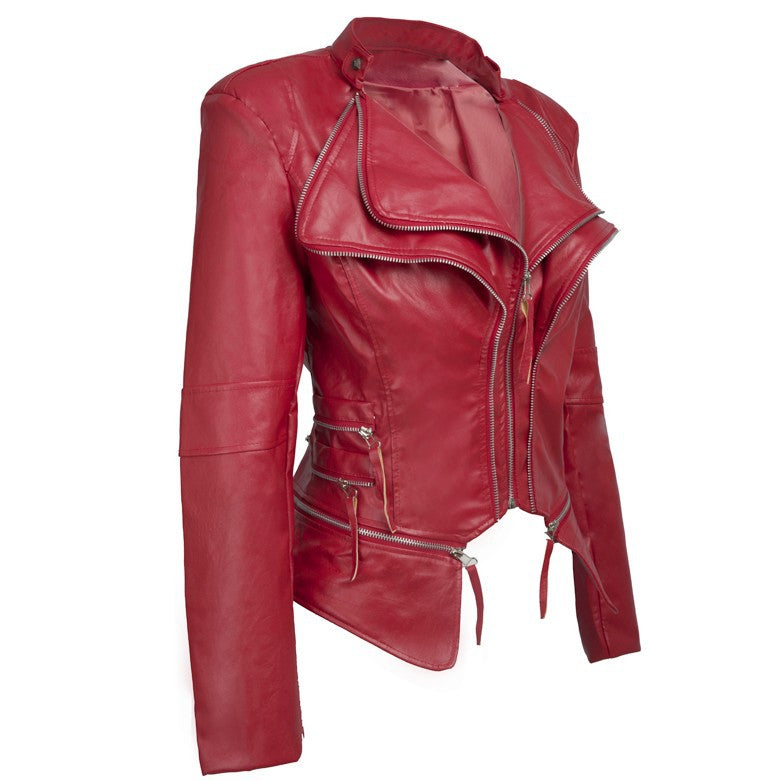 Women PU Leather Zipper Short Jacket Overcoat