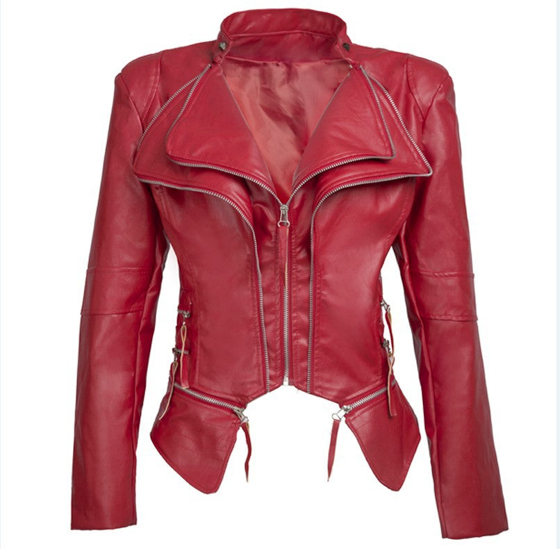 Women PU Leather Zipper Short Jacket Overcoat