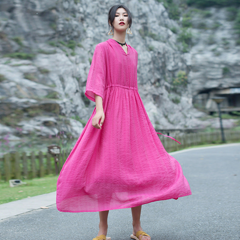 Casual Linen Half Sleeves Drawstring Long Cozy Dresses-Dresses-Blue-One Size-Free Shipping at meselling99