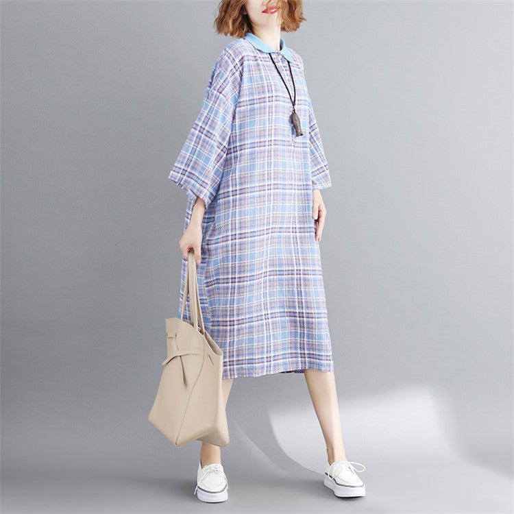 Vintage Linen Plaid Cozy Short Shirt Dresses-Dresses-Free Shipping at meselling99