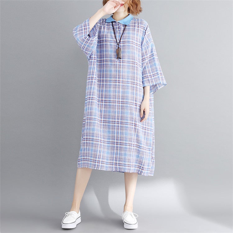Vintage Linen Plaid Cozy Short Shirt Dresses-Dresses-Free Shipping at meselling99