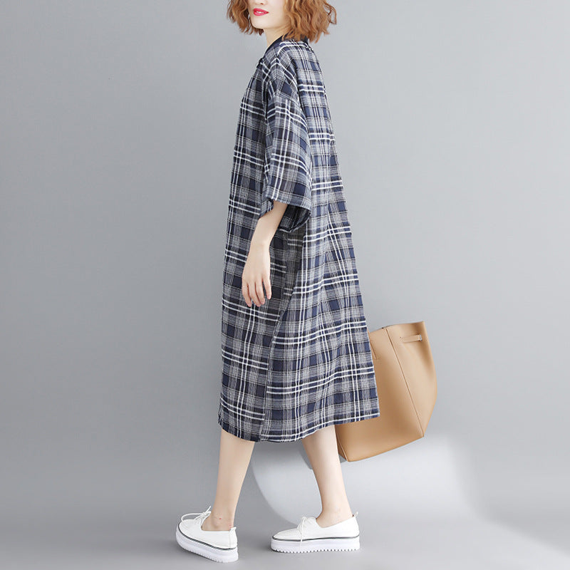 Vintage Linen Plaid Cozy Short Shirt Dresses