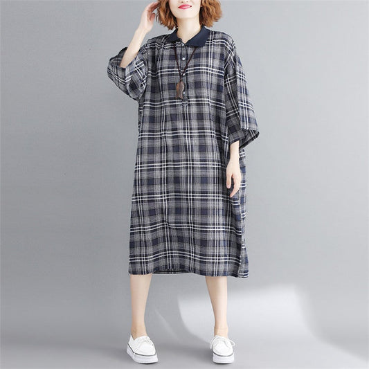 Vintage Linen Plaid Cozy Short Shirt Dresses-Dresses-Free Shipping at meselling99