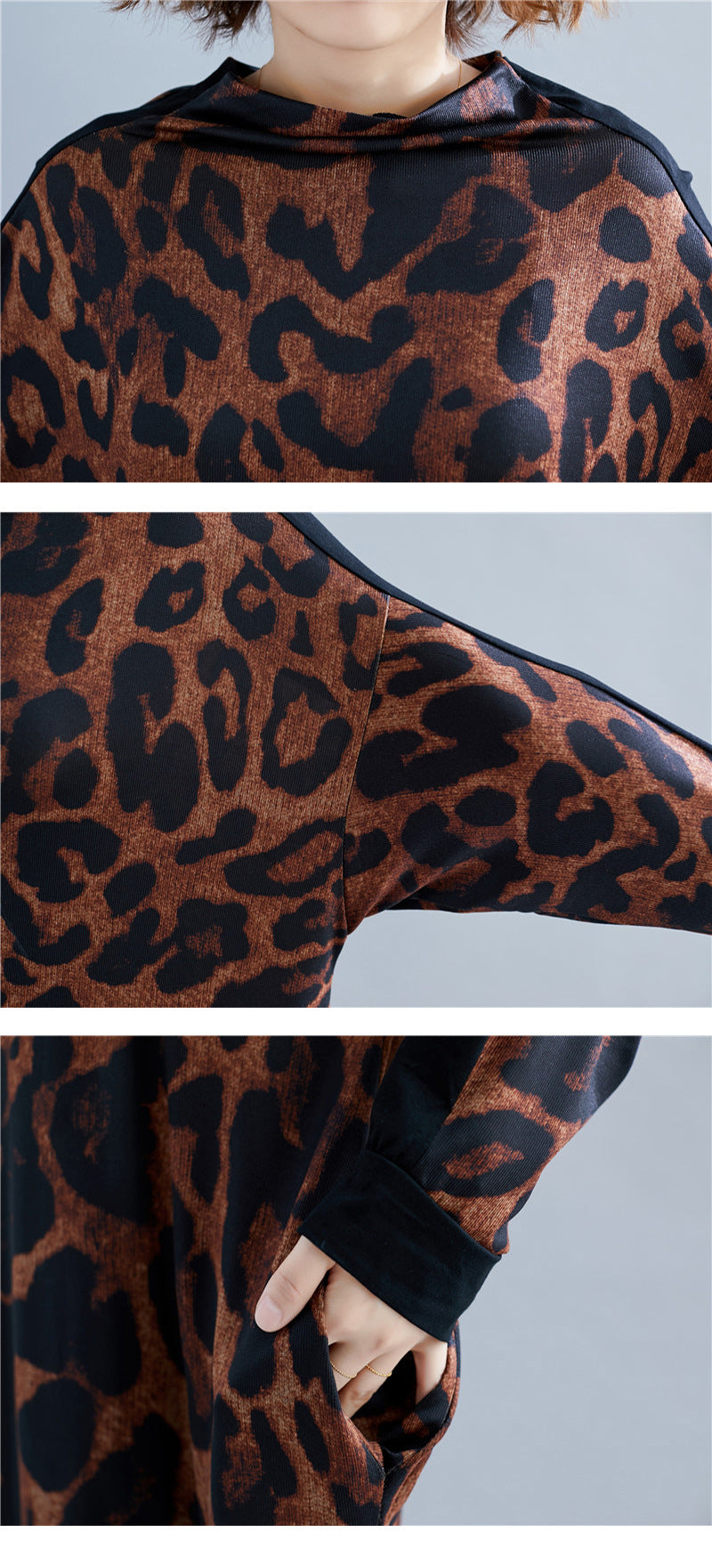 Fall High Neck Leopard Plus Size Long Dresses-Maxi Dresses-Free Shipping at meselling99