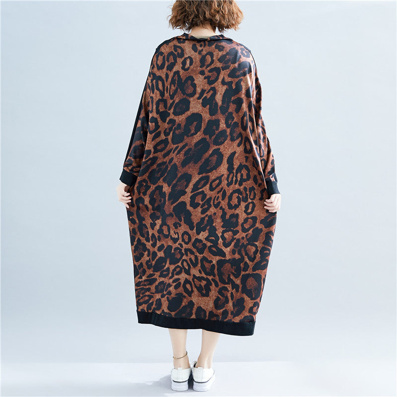 Fall High Neck Leopard Plus Size Long Dresses-Maxi Dresses-Free Shipping at meselling99