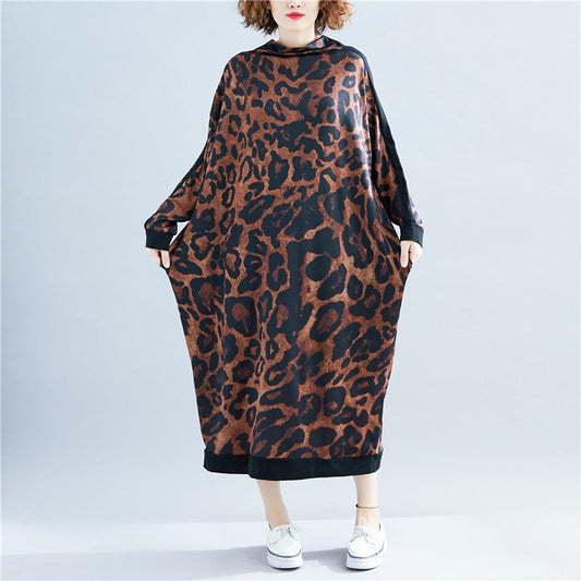 Fall High Neck Leopard Plus Size Long Dresses-Maxi Dresses-Free Shipping at meselling99