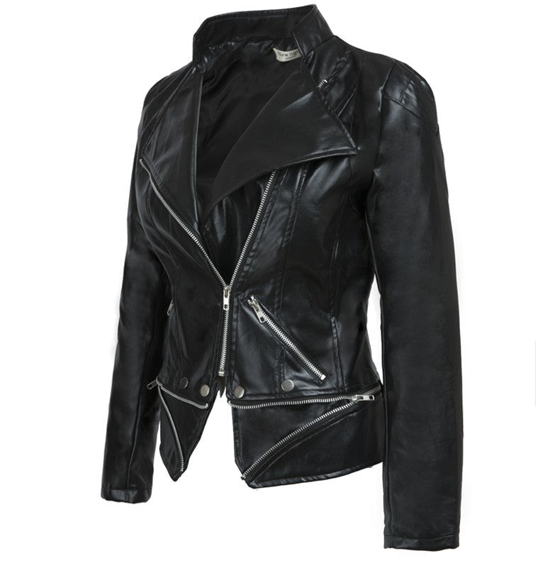 Black PU Leather Zipper Jacket Coat for Women