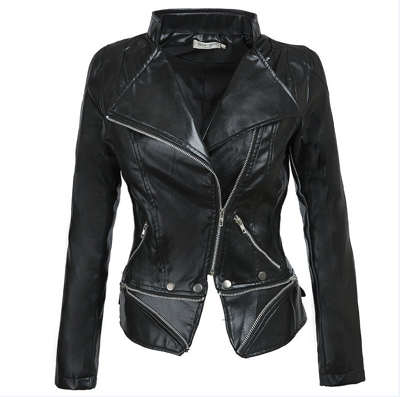 Black PU Leather Zipper Jacket Coat for Women