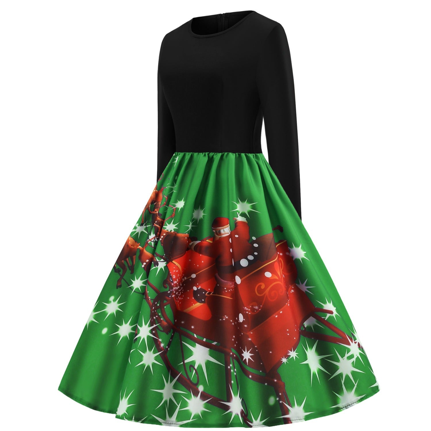 Merry Christmas Sled Round Neck Long Sleeves Women Dresses-Vintage Dresses-Free Shipping at meselling99