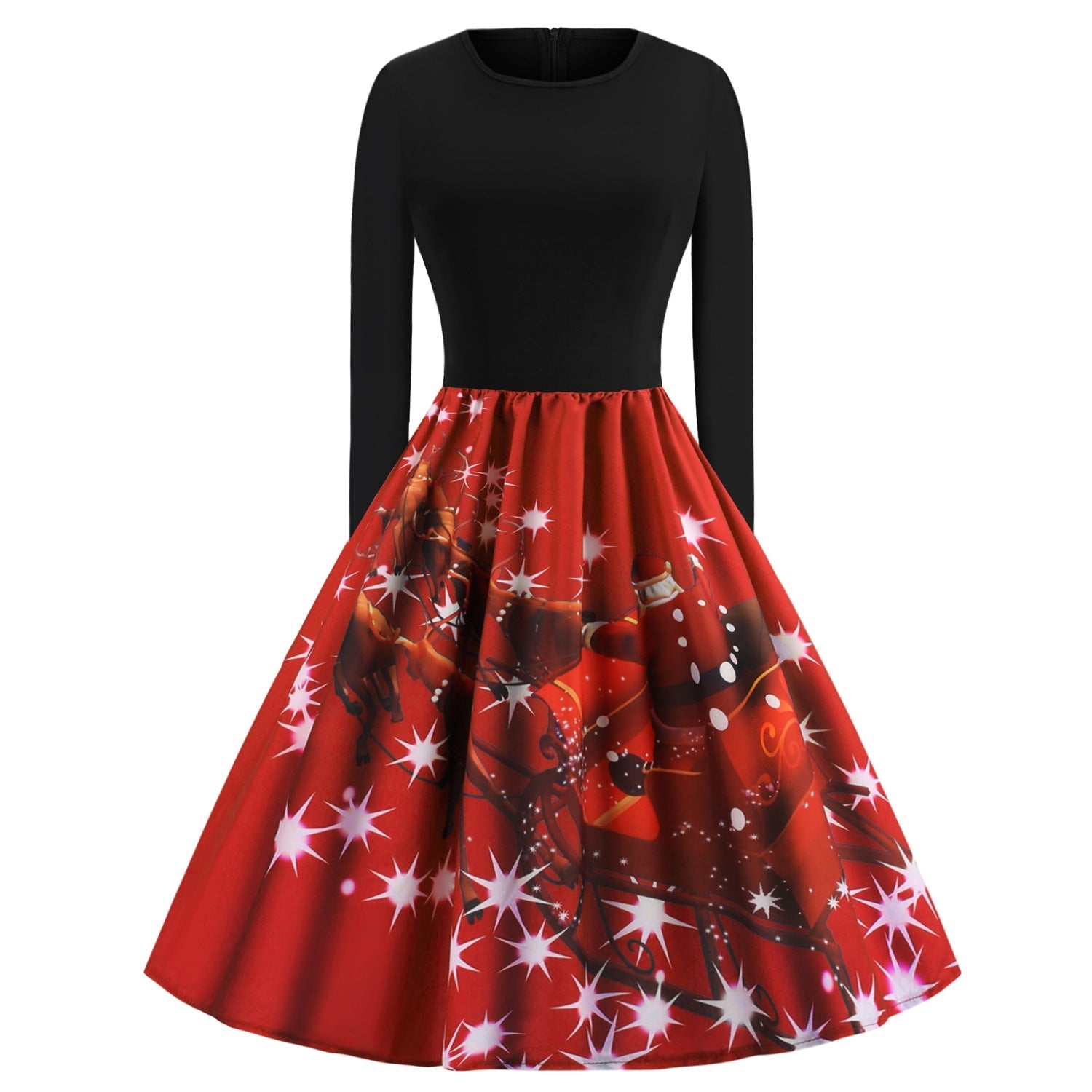 Merry Christmas Sled Round Neck Long Sleeves Women Dresses-Vintage Dresses-Red-S-Free Shipping at meselling99