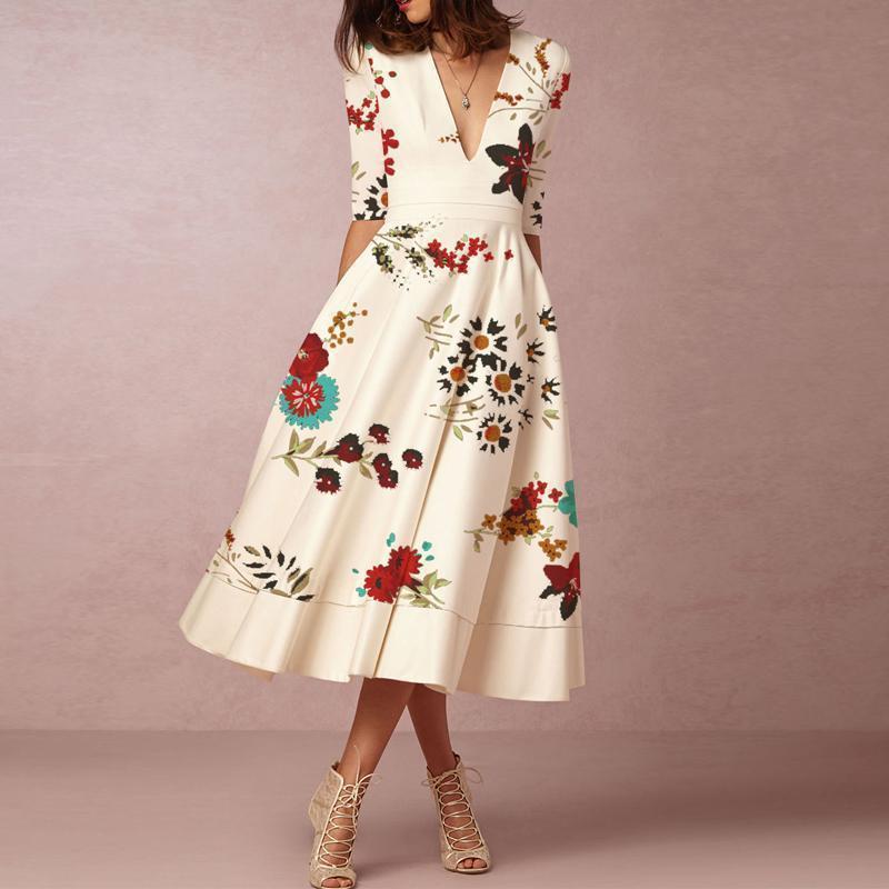 Lovely Floral Print Summer Women Midi Dresses-Dresses-Ivory-S-Free Shipping at meselling99