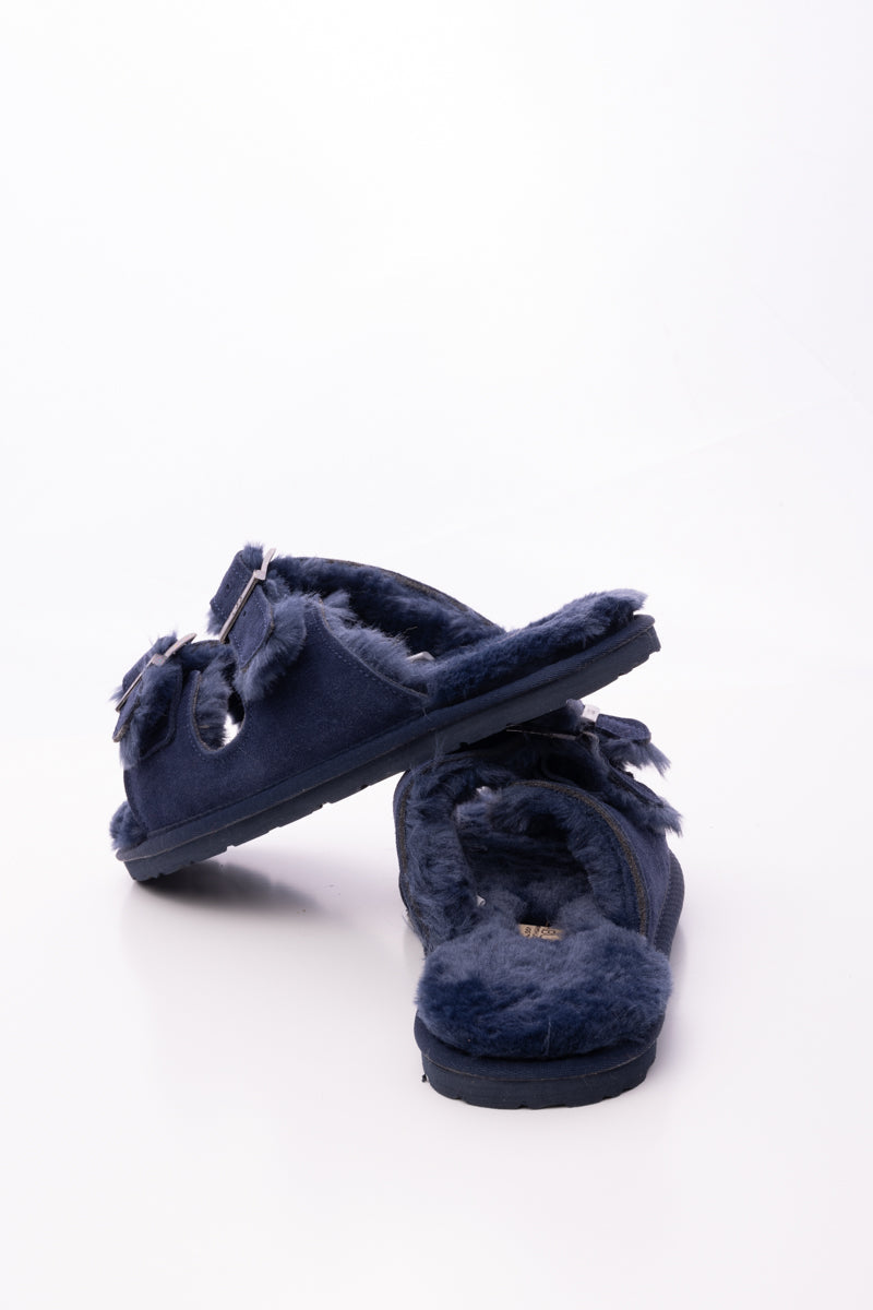 Woolen Lined Double Strap Suede Sandal - Navy