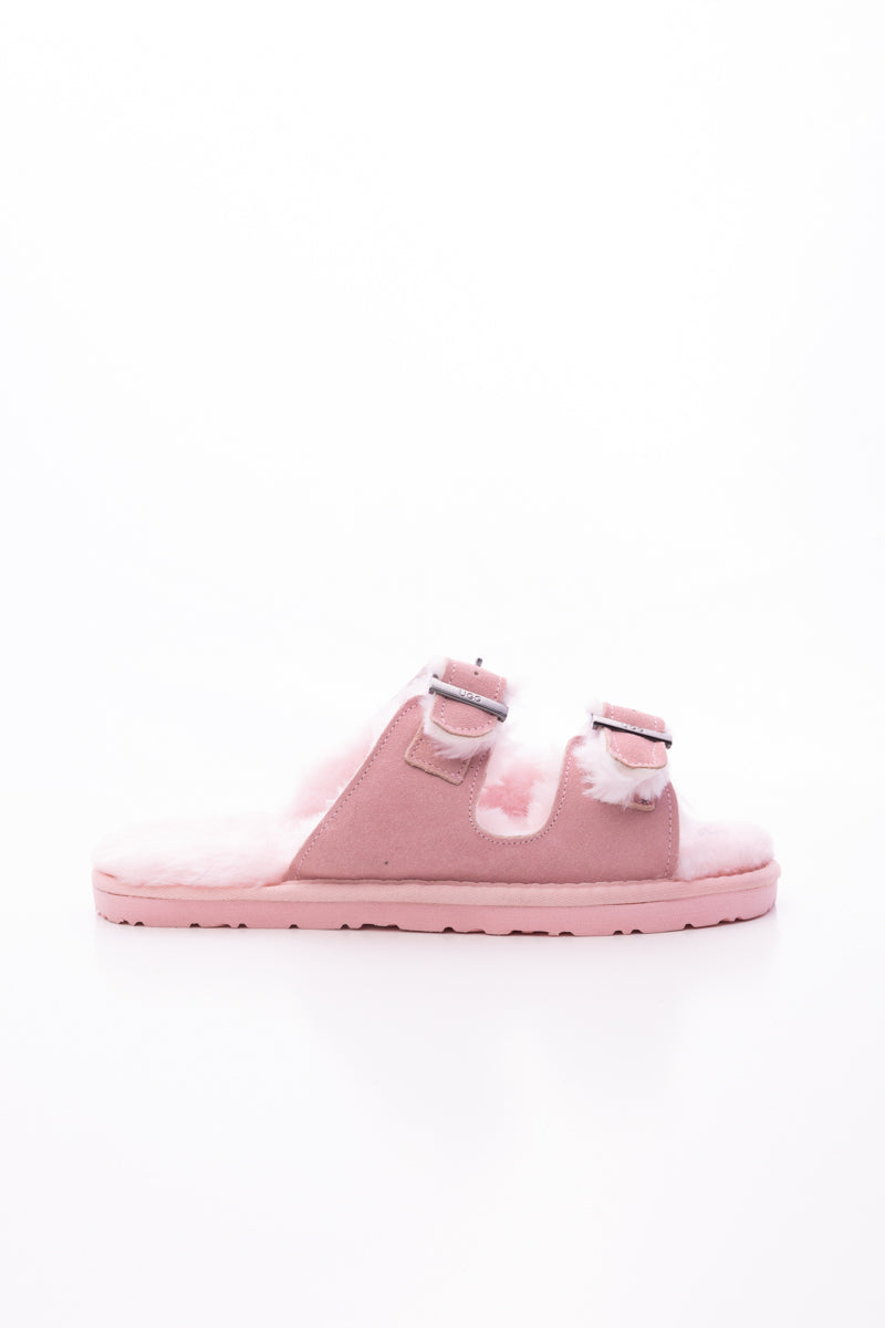 Woolen Lined Double Strap Suede Sandal - Pink