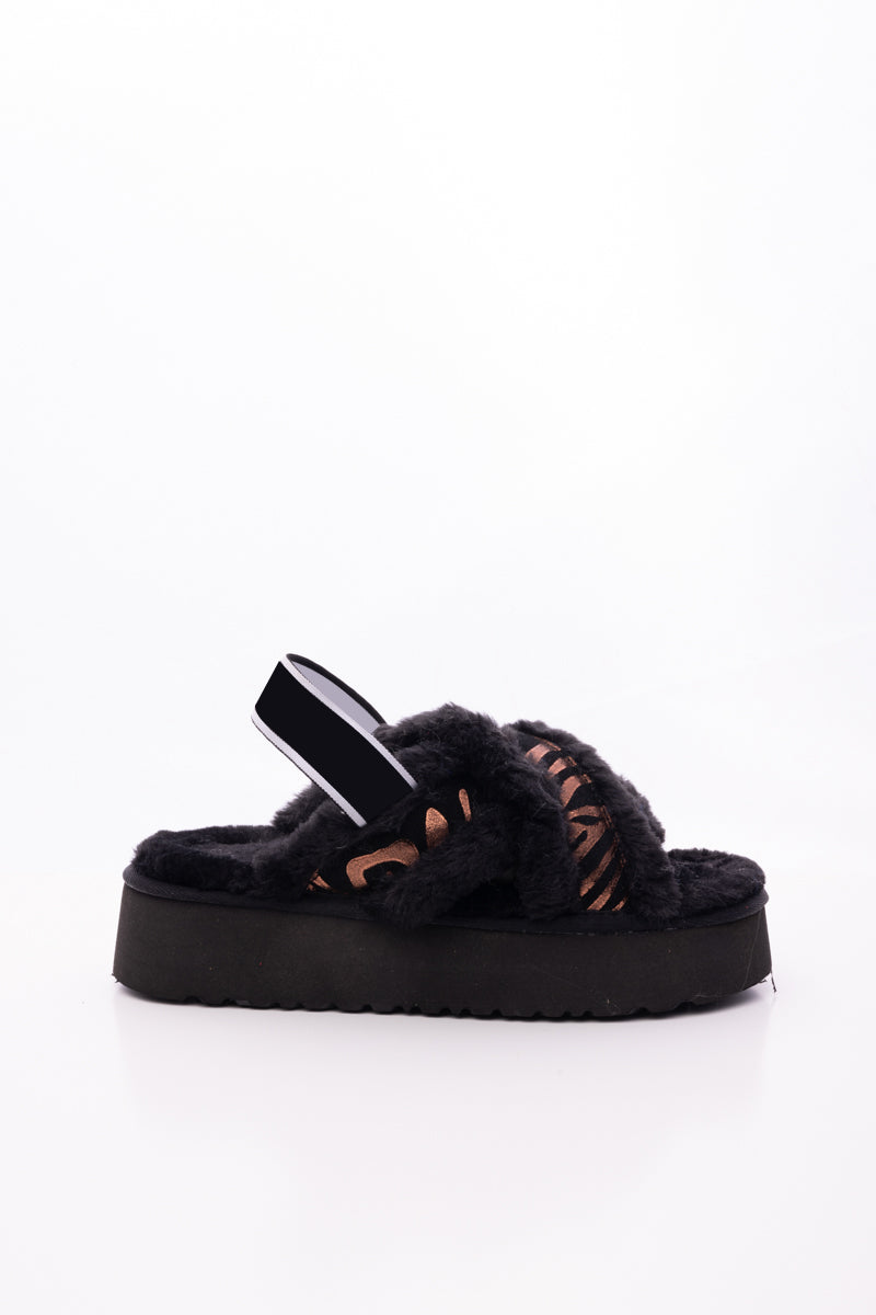 Roar Wool Lined Criss-Cross Strap Slipper - Black