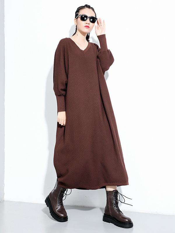 Meselling99 Original Solid V-Neck Sweater Dresses-Maxi Dress-Free Shipping at meselling99