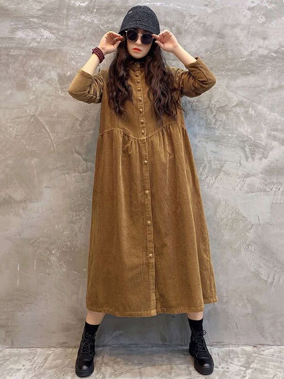 Meselling99 Vintage Solid Corduroy Lapel Dress-Maxi Dress-Free Shipping at meselling99