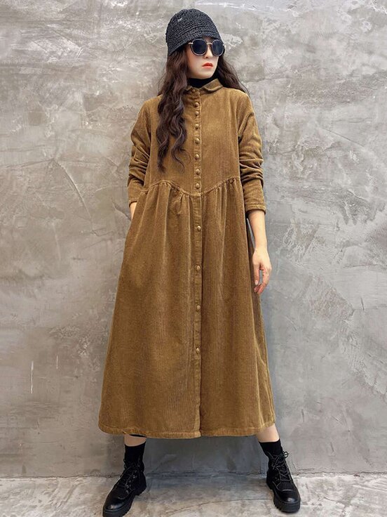 Meselling99 Vintage Solid Corduroy Lapel Dress-Maxi Dress-Free Shipping at meselling99